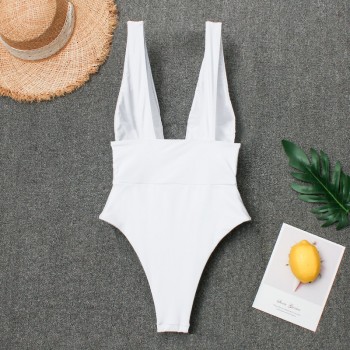 Sexy V-neck One-piece Swimsuit Women high waist Thong women's swimwear 2019 Monokini Simple black white Beach Bathing Suit Black White